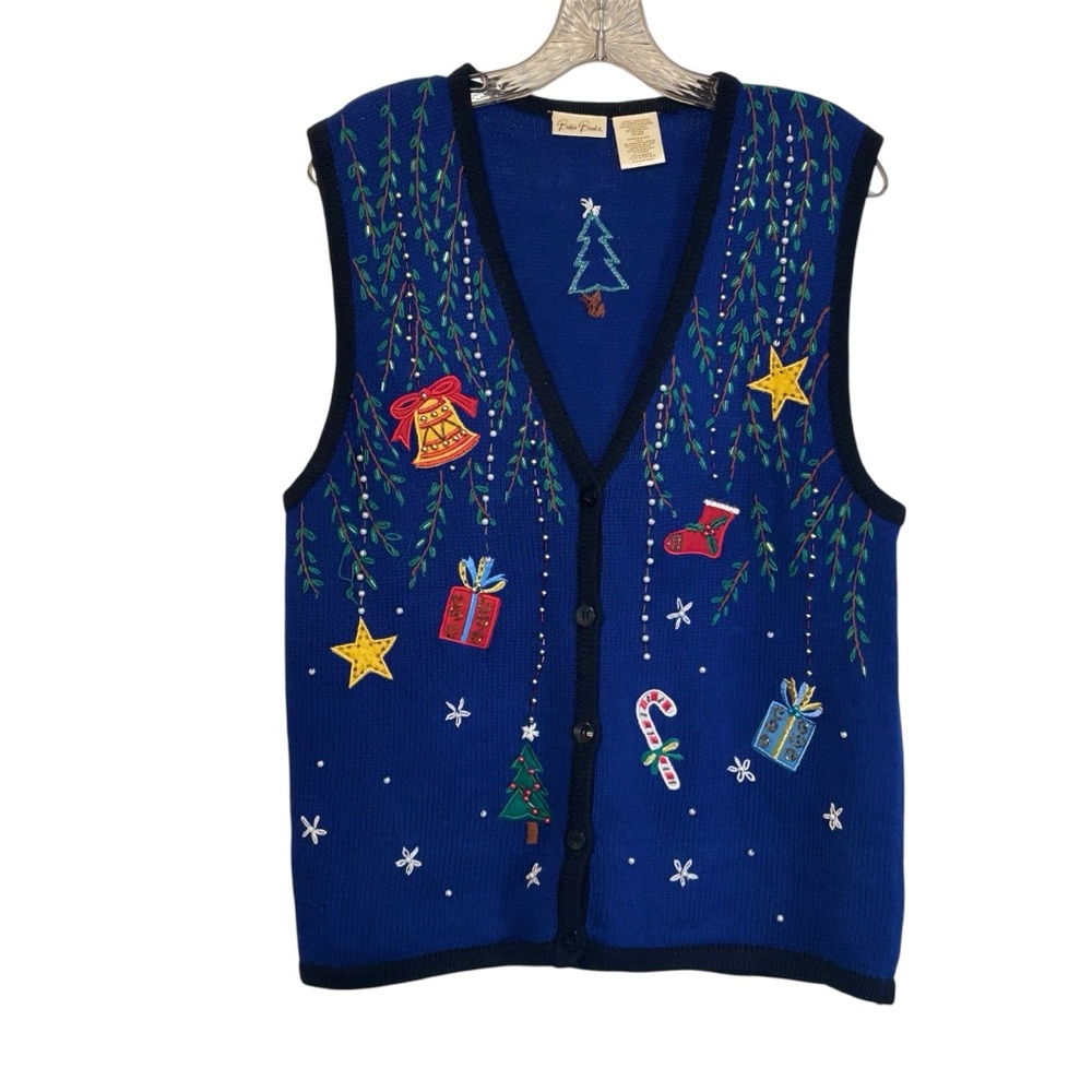 Bobbie Brooks Blue V Neck Button Front Christmas Holiday Sweater Vest LARGE